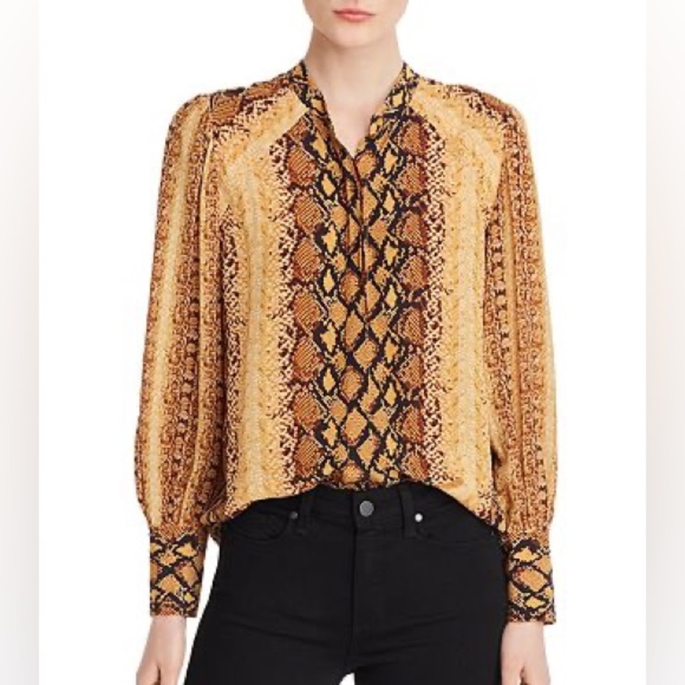 Joie Talin Snakeskin Print Blouse Long Sleeve Button Down Orange Small